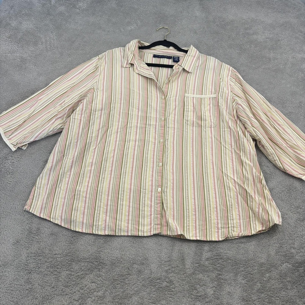 Angelique Button Up Shirt Womens 3X Pink Green Striped‎ 3/4 Sleeve Casual Plus